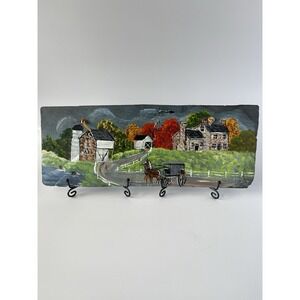 Original Oil Art Country Home And Silo‎ Painting On Slate Signed 5.5" x 14.5"